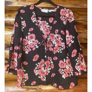 Worthington‎ Black Floral Sheer Tie Front Blouse Size 12